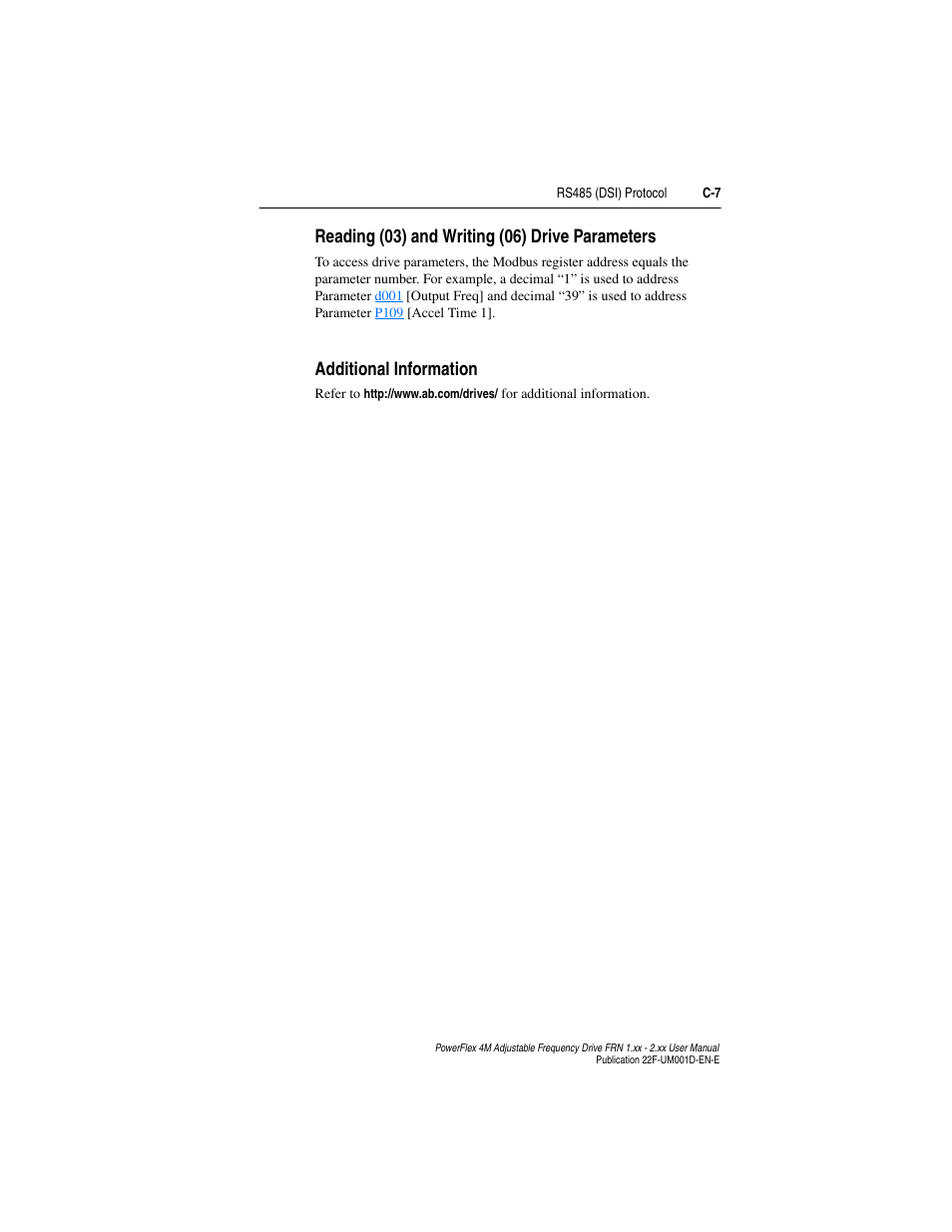 Reading (03) and writing (06) drive parameters, Additional information, Reading (03) and writing (06) drive | Rockwell Automation 22F PowerFlex 4M User Manual FRN 1.xx - 2.xx User Manual | Page 107 / 118