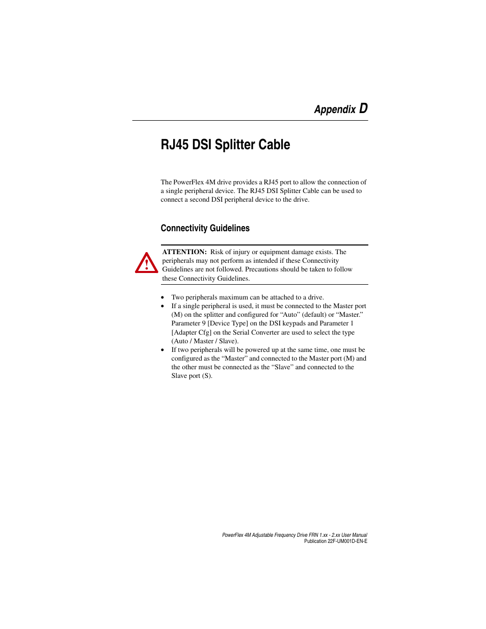 Appendix d, Rj45 dsi splitter cable, Connectivity guidelines | Drj45 dsi splitter cable, Appendix | Rockwell Automation 22F PowerFlex 4M User Manual FRN 1.xx - 2.xx User Manual | Page 109 / 118