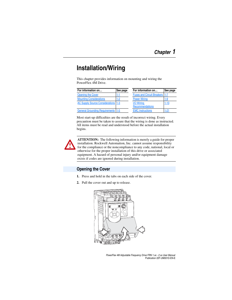 Chapter 1, Installation/wiring, Opening the cover | Opening the cover -1, Block (refer to, 1installation/wiring, Chapter | Rockwell Automation 22F PowerFlex 4M User Manual FRN 1.xx - 2.xx User Manual | Page 11 / 118
