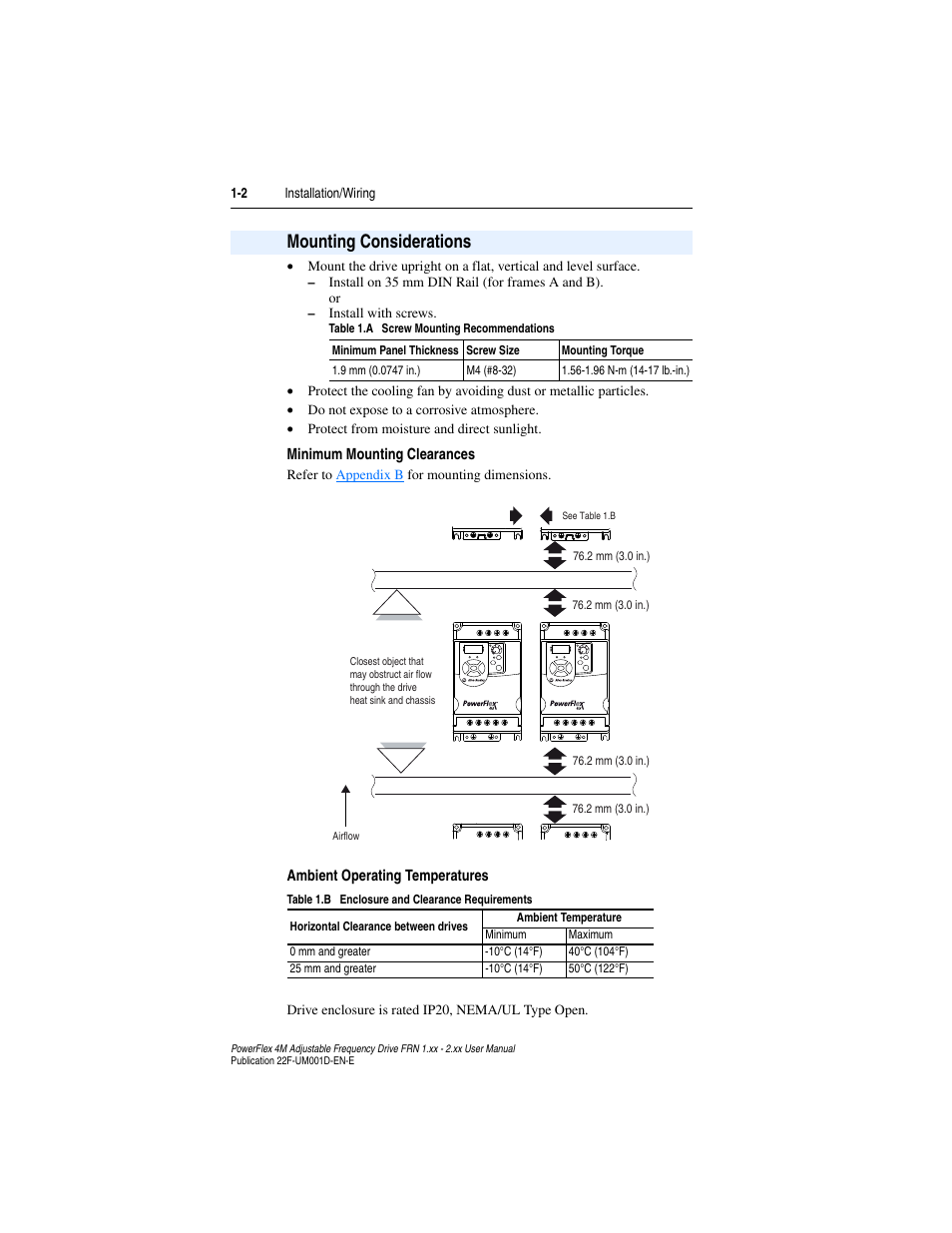 Mounting considerations, Mounting considerations -2 | Rockwell Automation 22F PowerFlex 4M User Manual FRN 1.xx - 2.xx User Manual | Page 12 / 118