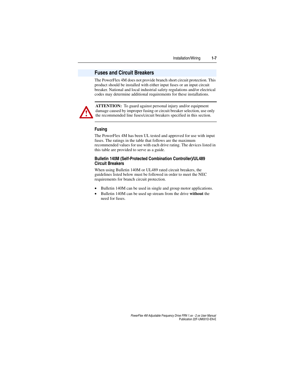 Fuses and circuit breakers, Fuses and circuit breakers -7, Fuses and circuit breakers 1-7 | Rockwell Automation 22F PowerFlex 4M User Manual FRN 1.xx - 2.xx User Manual | Page 17 / 118