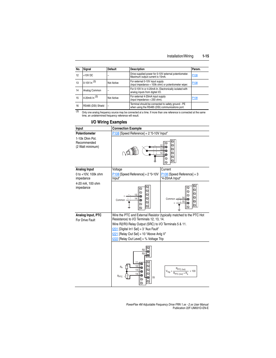 I/o wiring examples, Installation/wiring 1-15 | Rockwell Automation 22F PowerFlex 4M User Manual FRN 1.xx - 2.xx User Manual | Page 25 / 118