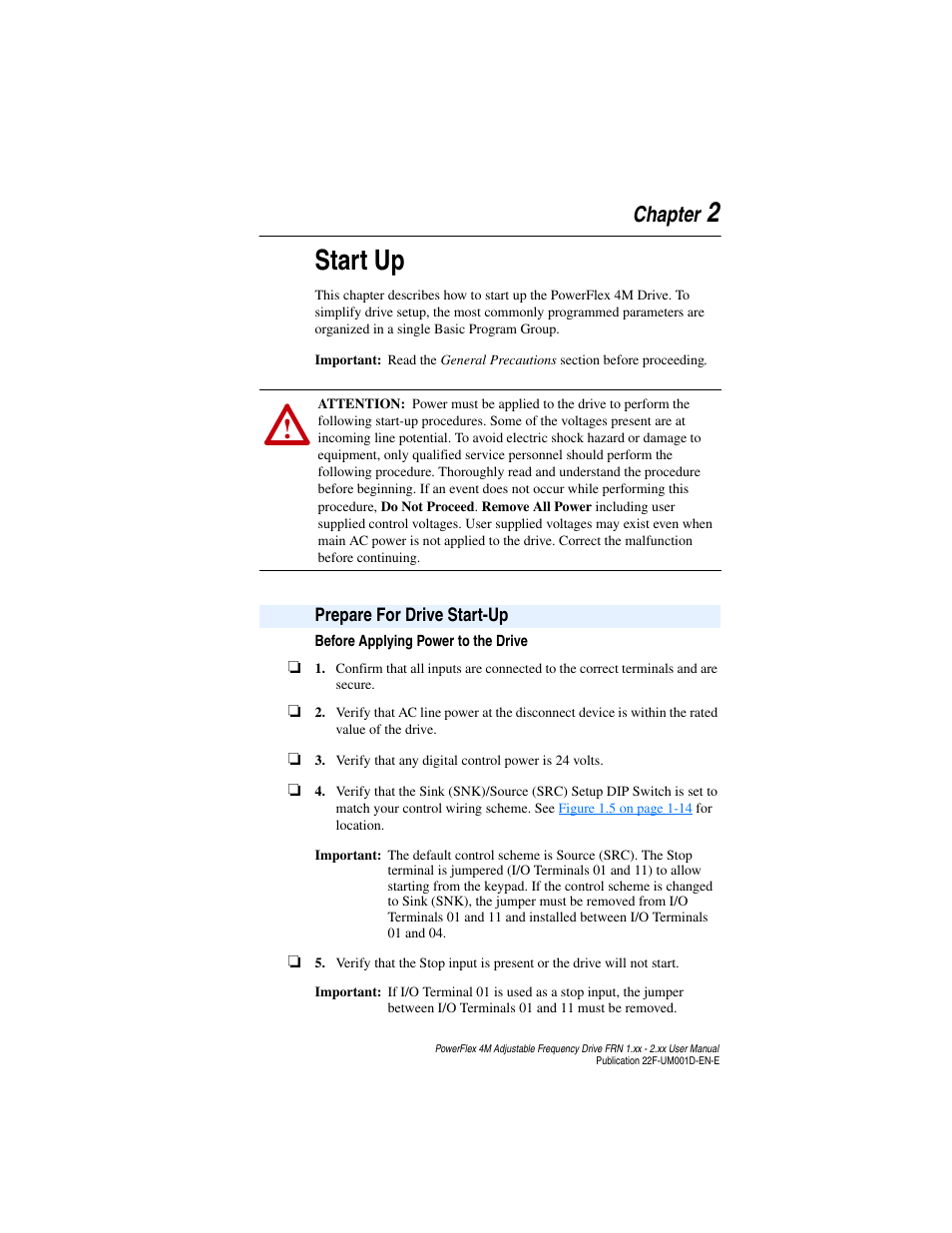 Chapter 2, Start up, Prepare for drive start-up | Prepare for drive start-up -1, 2start up, Chapter | Rockwell Automation 22F PowerFlex 4M User Manual FRN 1.xx - 2.xx User Manual | Page 35 / 118