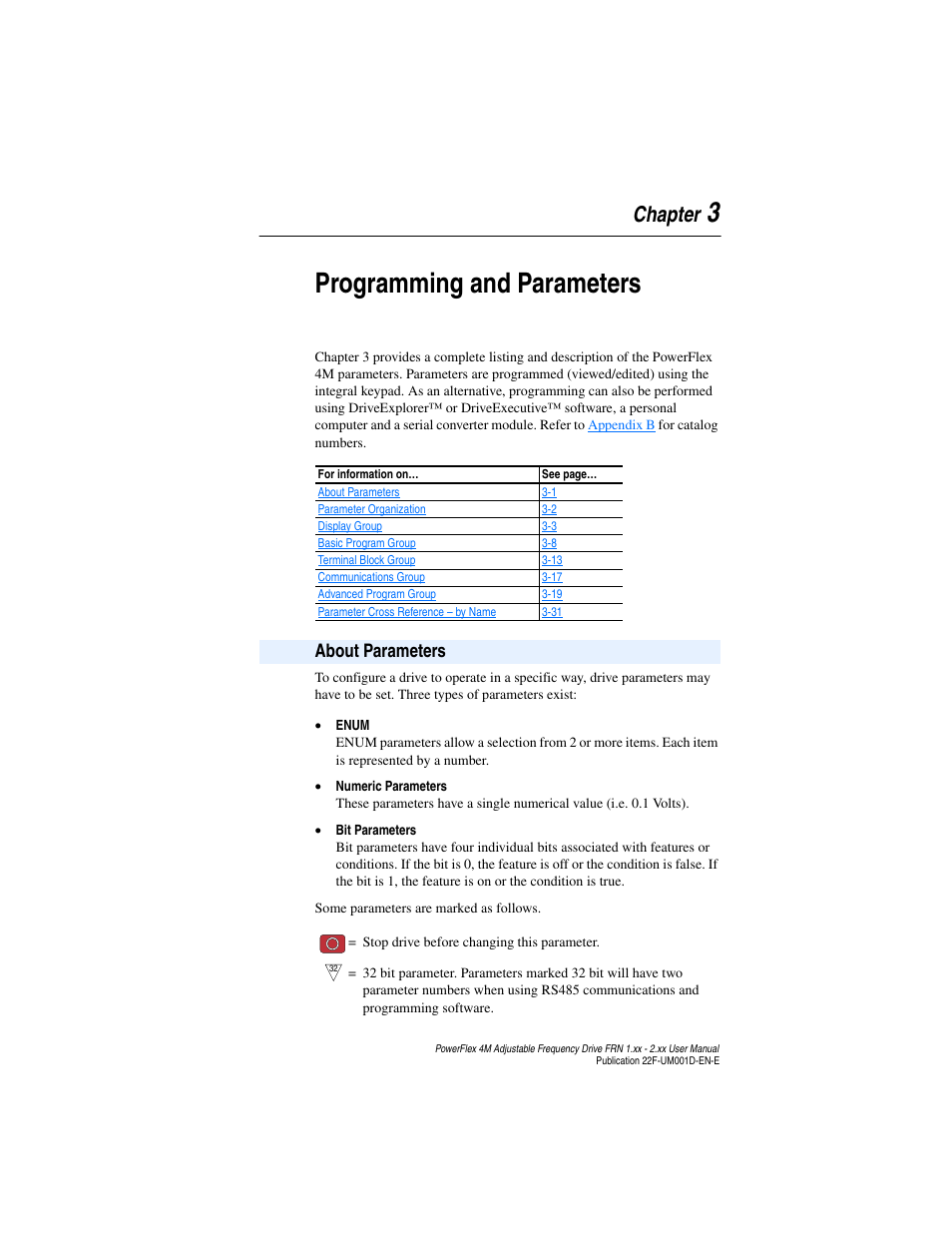 Chapter 3, Programming and parameters, About parameters | About parameters -1, 3programming and parameters, Chapter, About p arameters | Rockwell Automation 22F PowerFlex 4M User Manual FRN 1.xx - 2.xx User Manual | Page 41 / 118