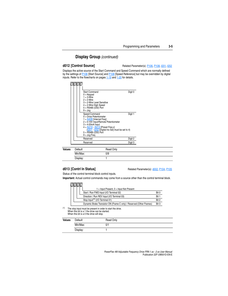 D013, Display group, Continued) | D012 [control source, D013 [contrl in status | Rockwell Automation 22F PowerFlex 4M User Manual FRN 1.xx - 2.xx User Manual | Page 45 / 118