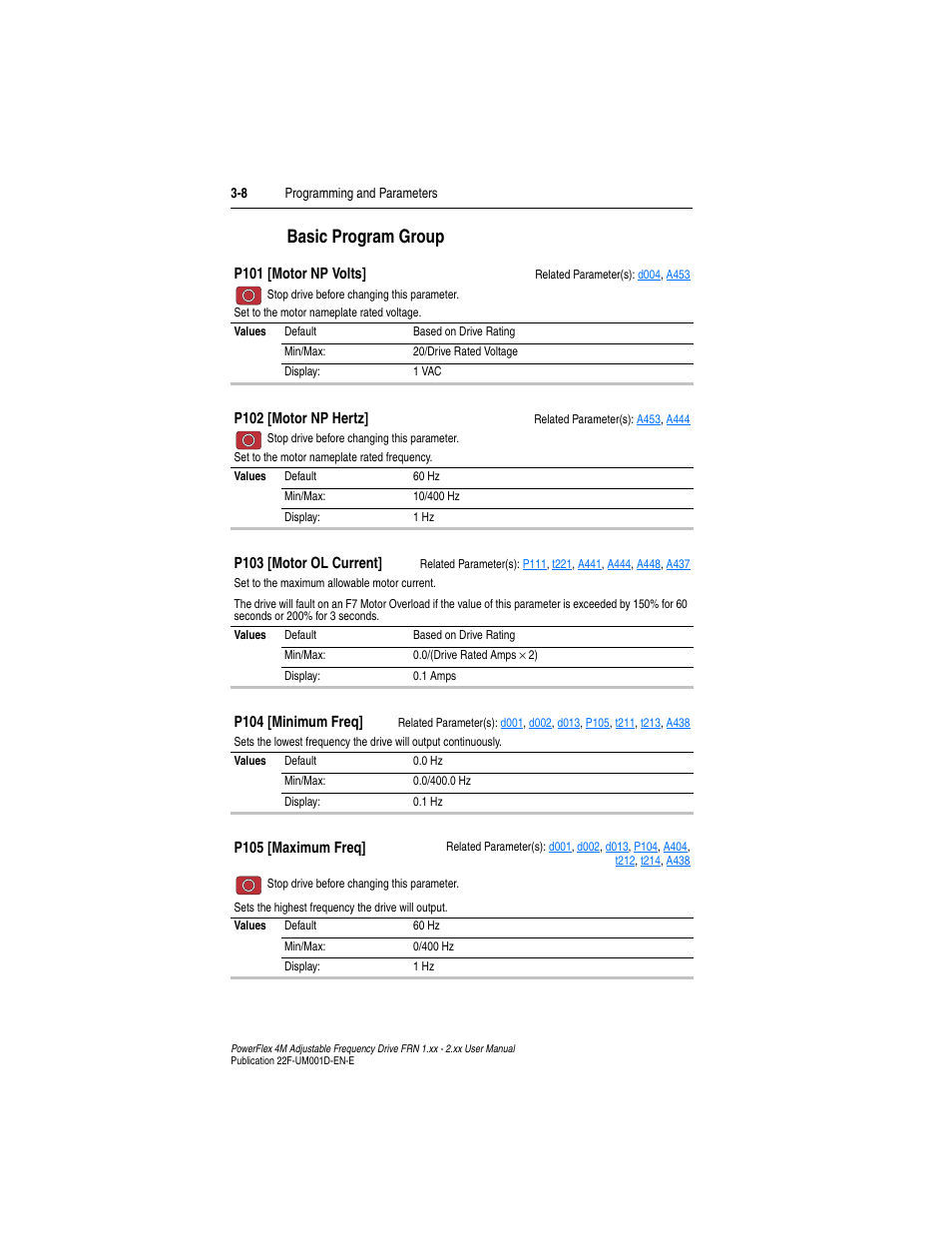 Basic program group, Basic program group -8, P104 | P105, P101 | Rockwell Automation 22F PowerFlex 4M User Manual FRN 1.xx - 2.xx User Manual | Page 48 / 118