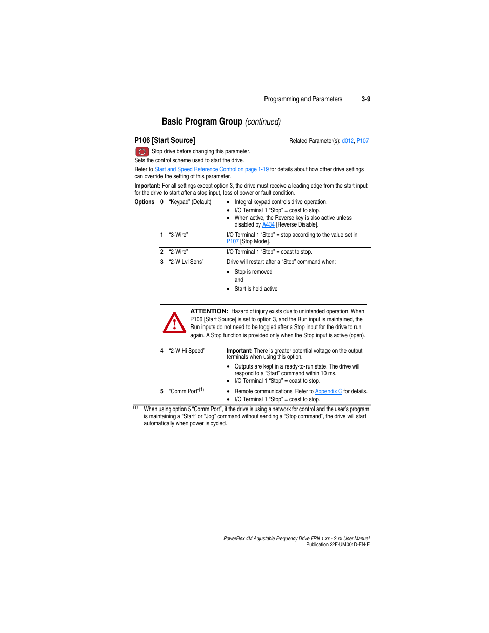 P106, Basic program group, Continued) | Rockwell Automation 22F PowerFlex 4M User Manual FRN 1.xx - 2.xx User Manual | Page 49 / 118