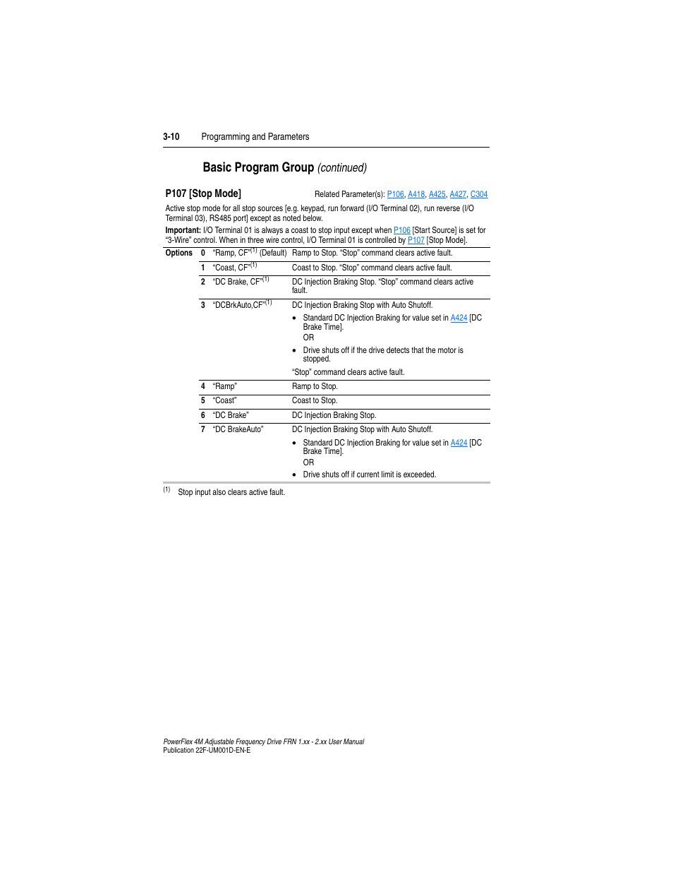 P107, Basic program group, Continued) | Rockwell Automation 22F PowerFlex 4M User Manual FRN 1.xx - 2.xx User Manual | Page 50 / 118