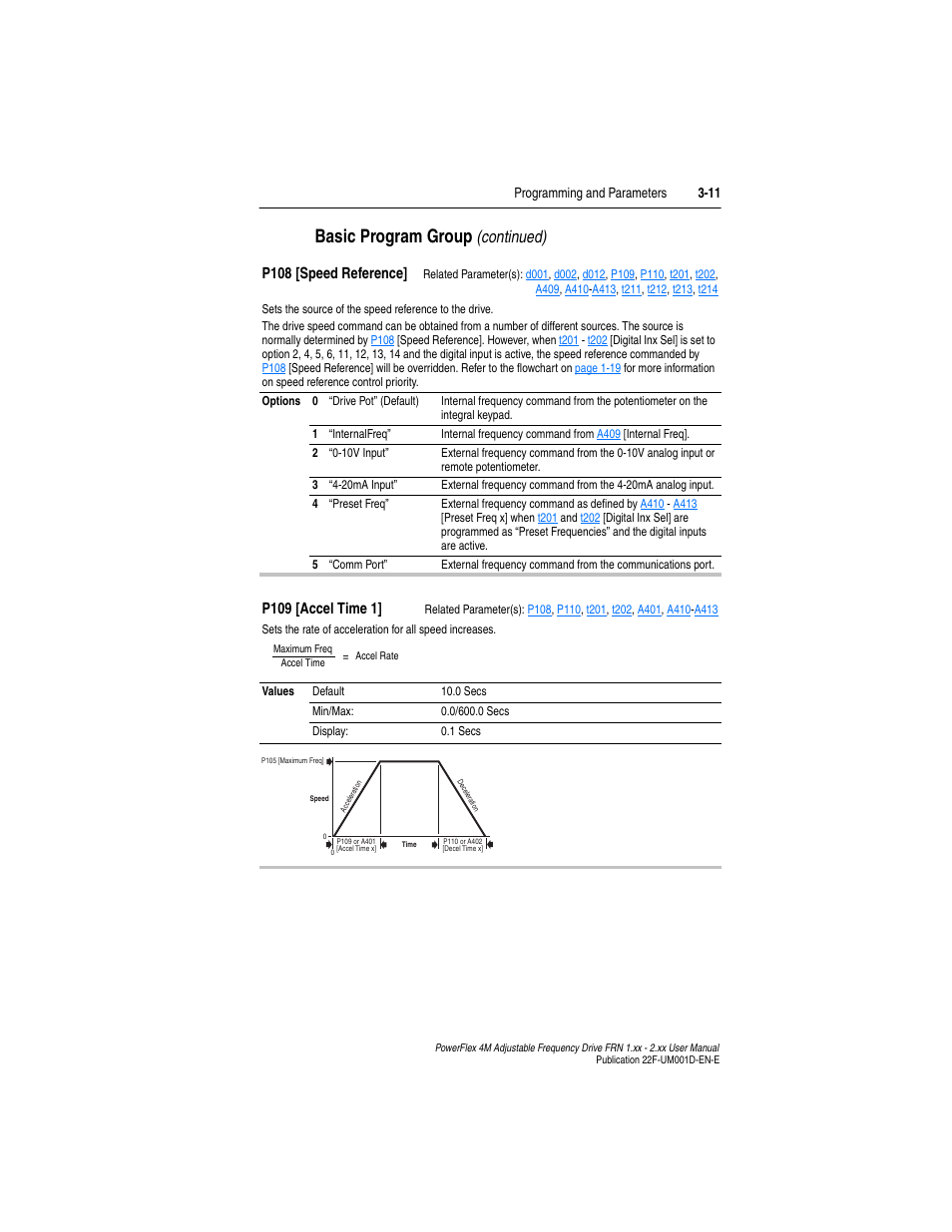 P108, Speed, Basic program group | Continued) | Rockwell Automation 22F PowerFlex 4M User Manual FRN 1.xx - 2.xx User Manual | Page 51 / 118