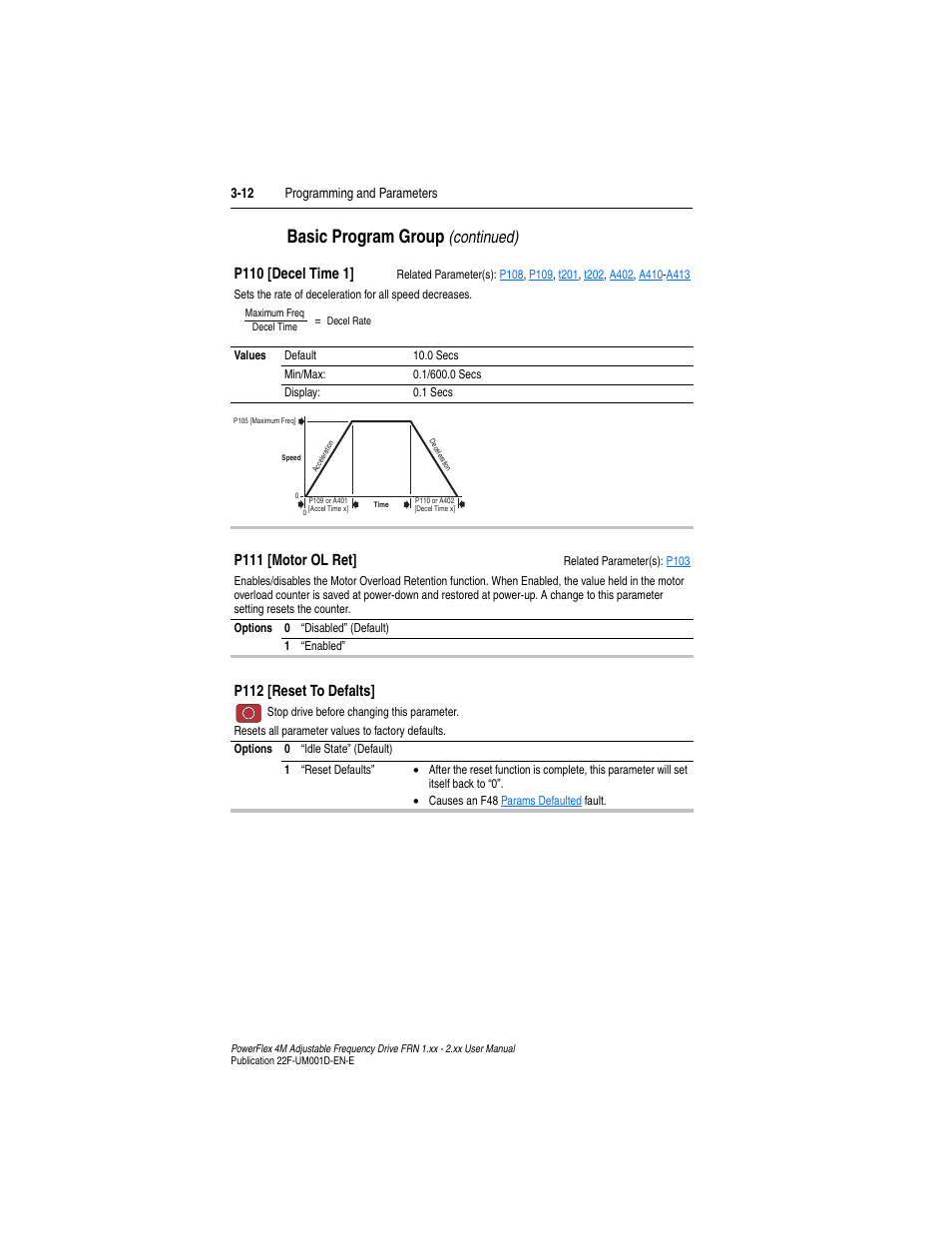 P111, P110, Basic program group | Continued), P110 [decel time 1, P111 [motor ol ret, P112 [reset to defalts | Rockwell Automation 22F PowerFlex 4M User Manual FRN 1.xx - 2.xx User Manual | Page 52 / 118