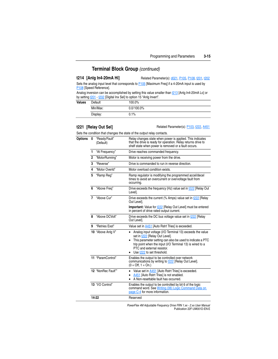 T221, T214, Anlg i | Terminal block group, Continued) | Rockwell Automation 22F PowerFlex 4M User Manual FRN 1.xx - 2.xx User Manual | Page 55 / 118