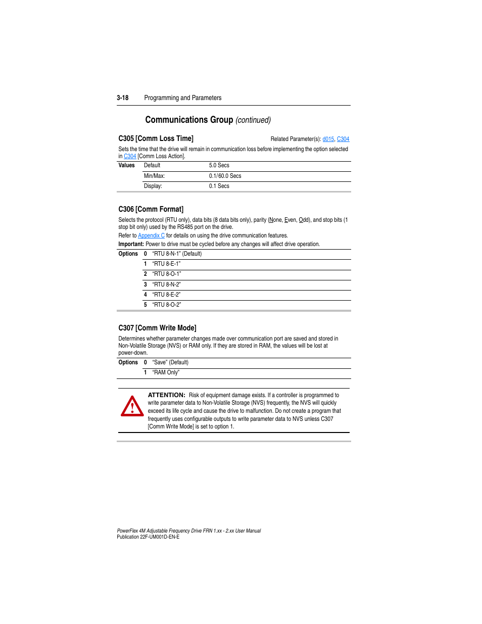 C306, C305, Communications group | Continued) | Rockwell Automation 22F PowerFlex 4M User Manual FRN 1.xx - 2.xx User Manual | Page 58 / 118