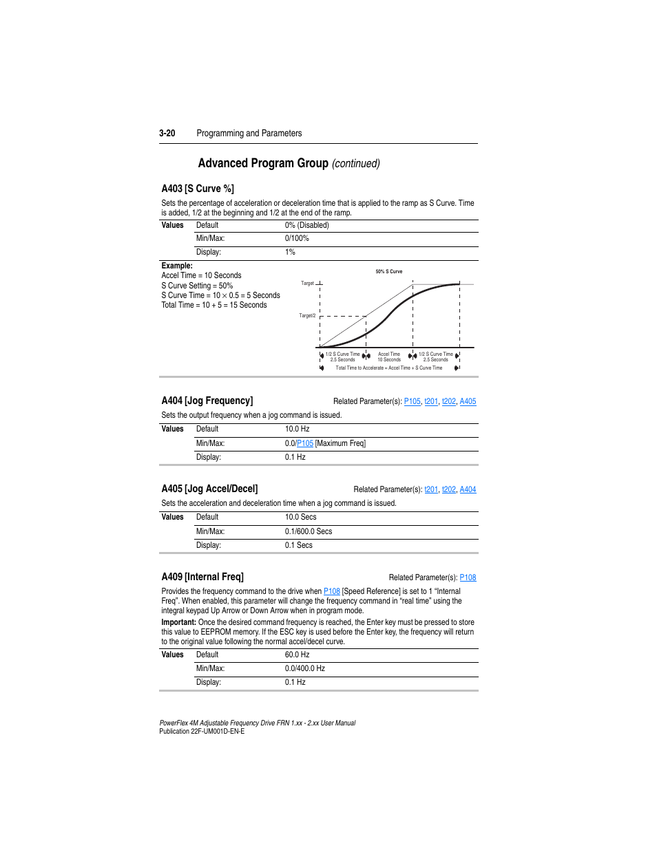 A409, Inter, A404 | A405, Advanced program group, Continued) | Rockwell Automation 22F PowerFlex 4M User Manual FRN 1.xx - 2.xx User Manual | Page 60 / 118