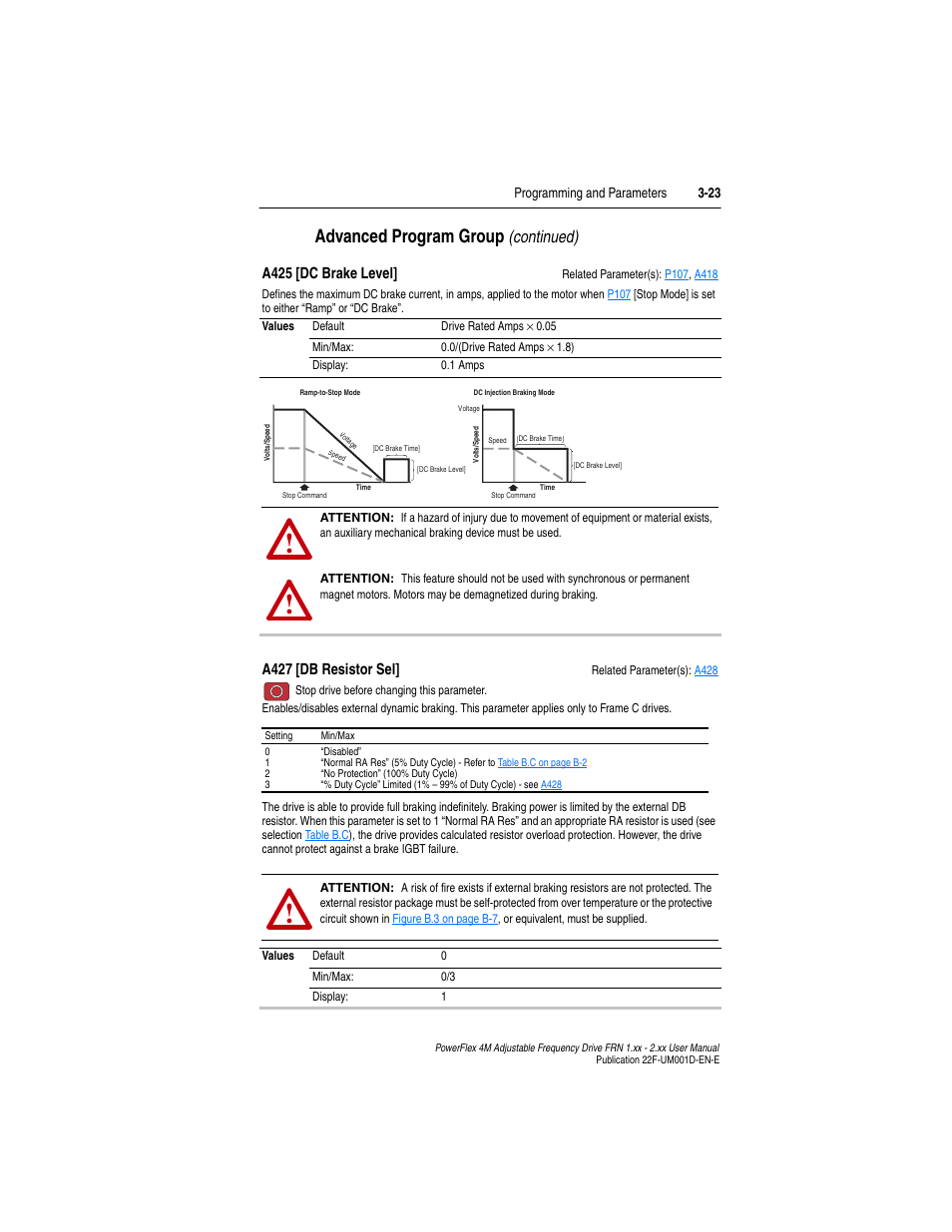 A425, A427, Advanced program group | Continued), A425 [dc brake level, A427 [db resistor sel | Rockwell Automation 22F PowerFlex 4M User Manual FRN 1.xx - 2.xx User Manual | Page 63 / 118