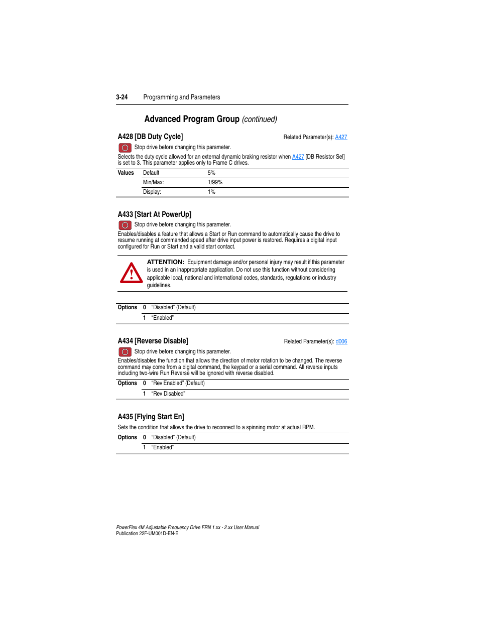 A434, A428, Advanced program group | Continued) | Rockwell Automation 22F PowerFlex 4M User Manual FRN 1.xx - 2.xx User Manual | Page 64 / 118
