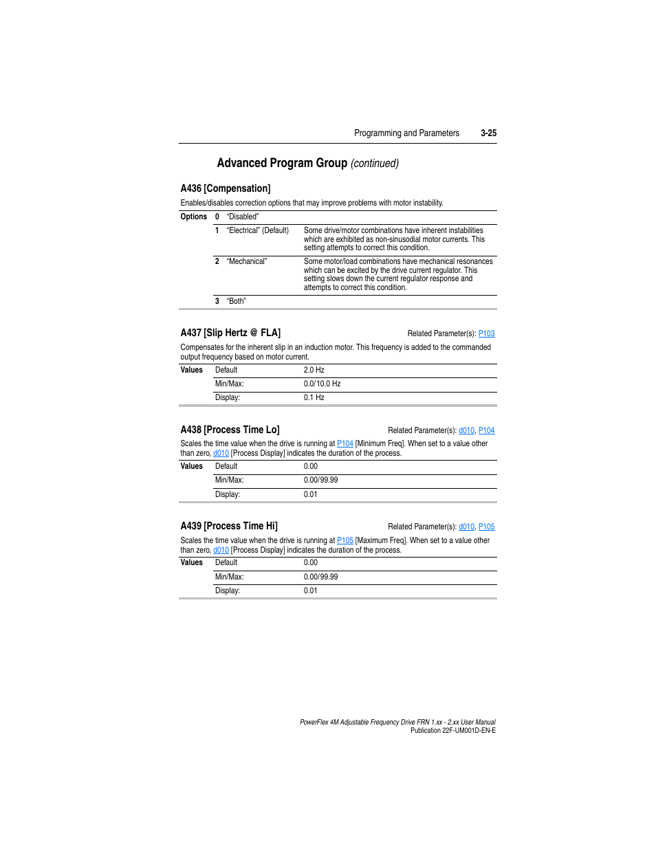 A438, A439, A437 | Advanced program group, Continued) | Rockwell Automation 22F PowerFlex 4M User Manual FRN 1.xx - 2.xx User Manual | Page 65 / 118