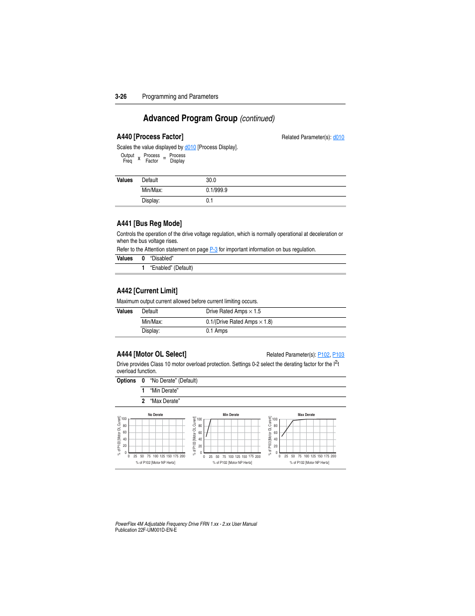 A441, A440, A444 | Advanced program group, Continued), A440 [process factor, A441 [bus reg mode, A442 [current limit, A444 [motor ol select, 26 programming and parameters | Rockwell Automation 22F PowerFlex 4M User Manual FRN 1.xx - 2.xx User Manual | Page 66 / 118