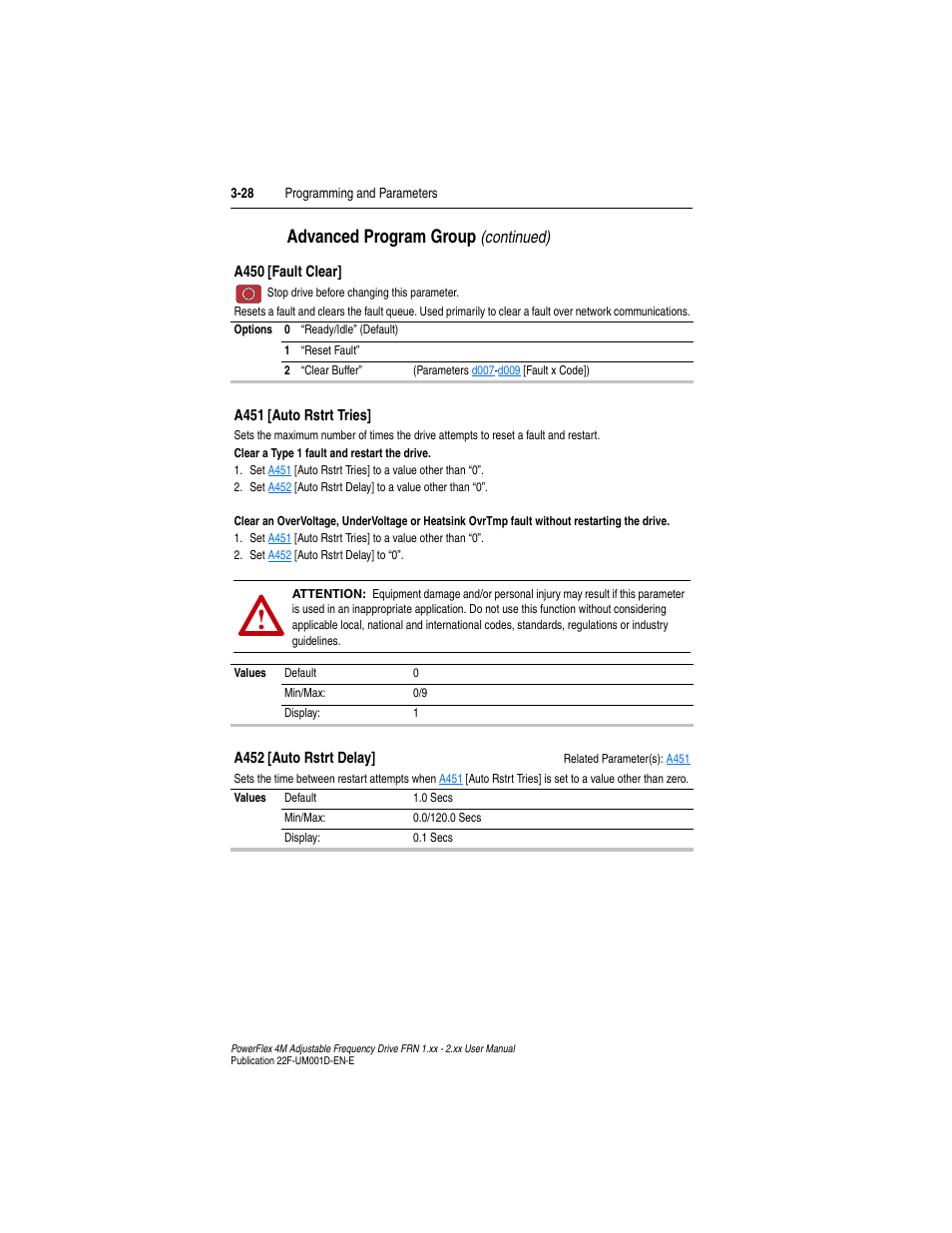 A451, Advanced program group, Continued) | Rockwell Automation 22F PowerFlex 4M User Manual FRN 1.xx - 2.xx User Manual | Page 68 / 118