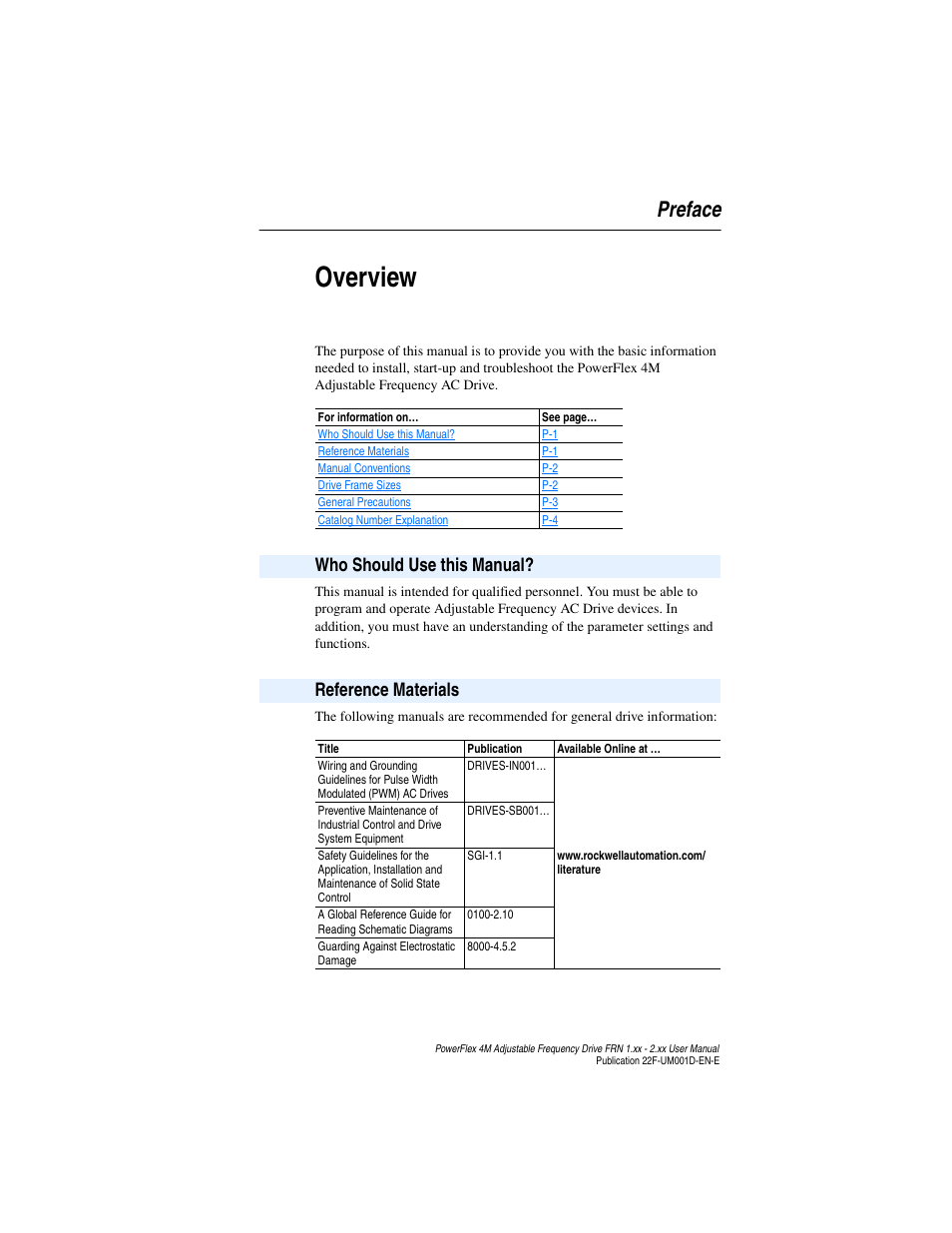 Preface, Overview, Who should use this manual | Reference materials, Who should use this manual? reference materials | Rockwell Automation 22F PowerFlex 4M User Manual FRN 1.xx - 2.xx User Manual | Page 7 / 118