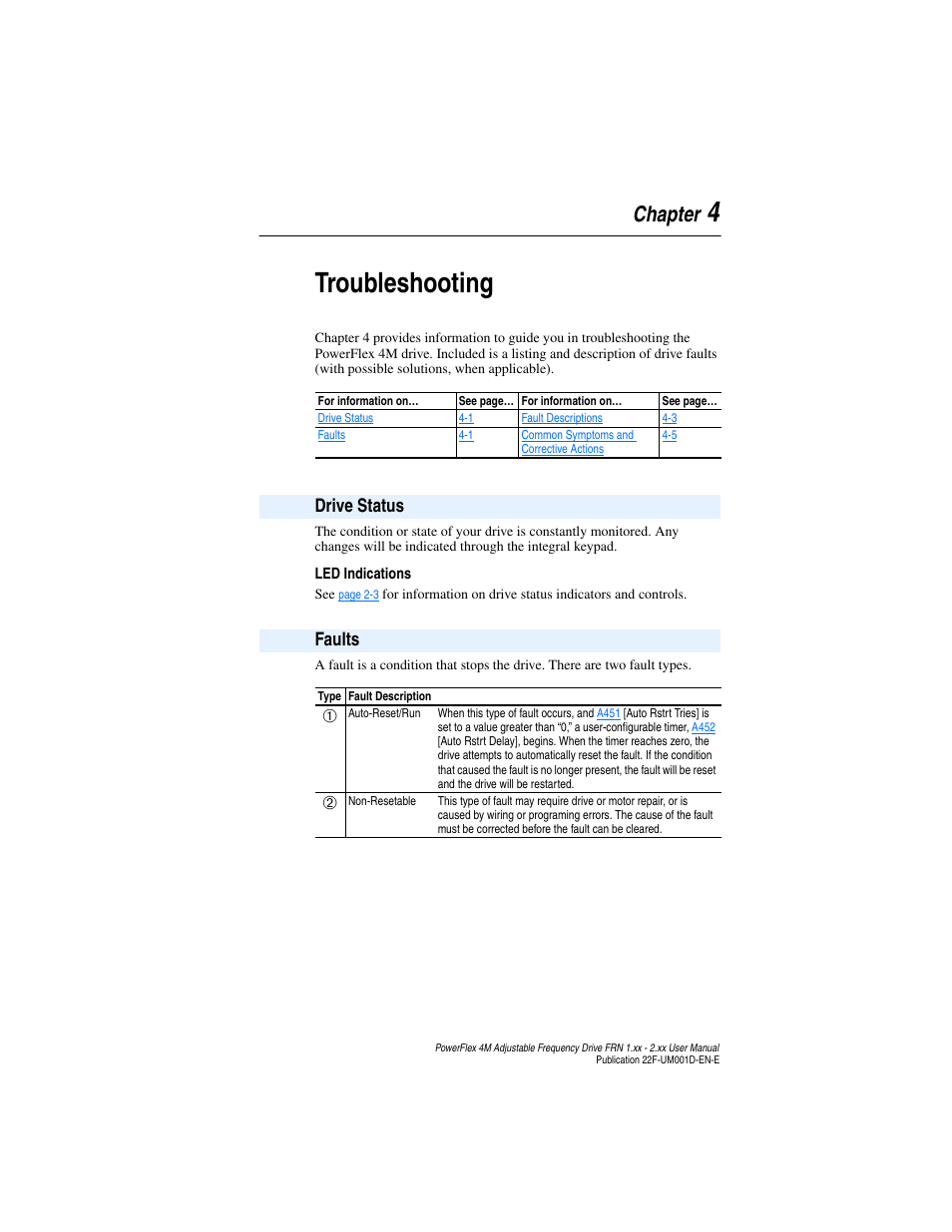 Chapter 4, Troubleshooting, Drive status | Faults, Drive status -1 faults -1, 4troubleshooting, Chapter, Drive status faults | Rockwell Automation 22F PowerFlex 4M User Manual FRN 1.xx - 2.xx User Manual | Page 73 / 118