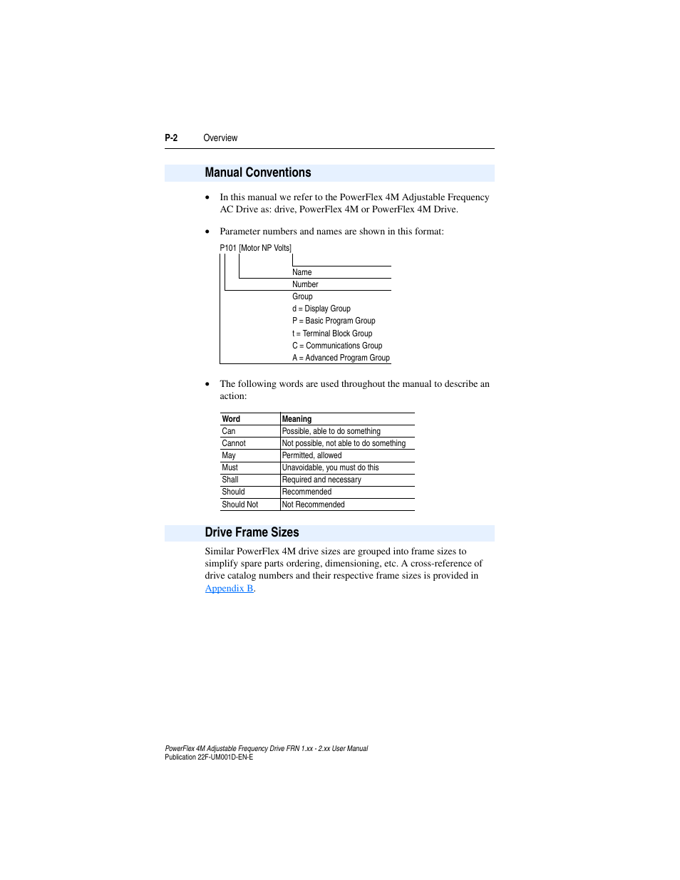 Manual conventions, Drive frame sizes | Rockwell Automation 22F PowerFlex 4M User Manual FRN 1.xx - 2.xx User Manual | Page 8 / 118