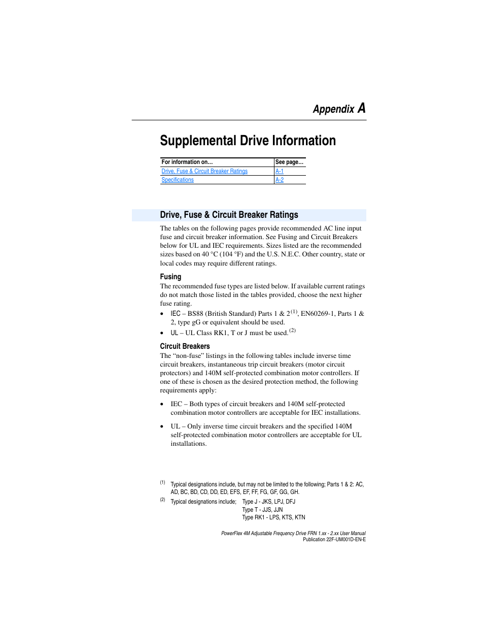 Appendix a, Supplemental drive information, Drive, fuse & circuit breaker ratings | Drive, fuse & circuit breaker ratings . . . a-1, Asupplemental drive information, Appendix | Rockwell Automation 22F PowerFlex 4M User Manual FRN 1.xx - 2.xx User Manual | Page 81 / 118