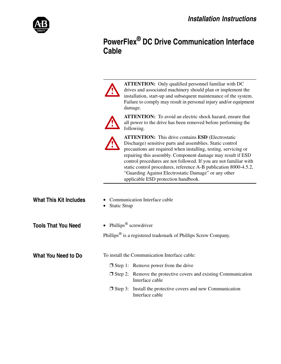 Rockwell Automation 20P PowerFlex DC Drive Communication Interface Cable User Manual | 6 pages
