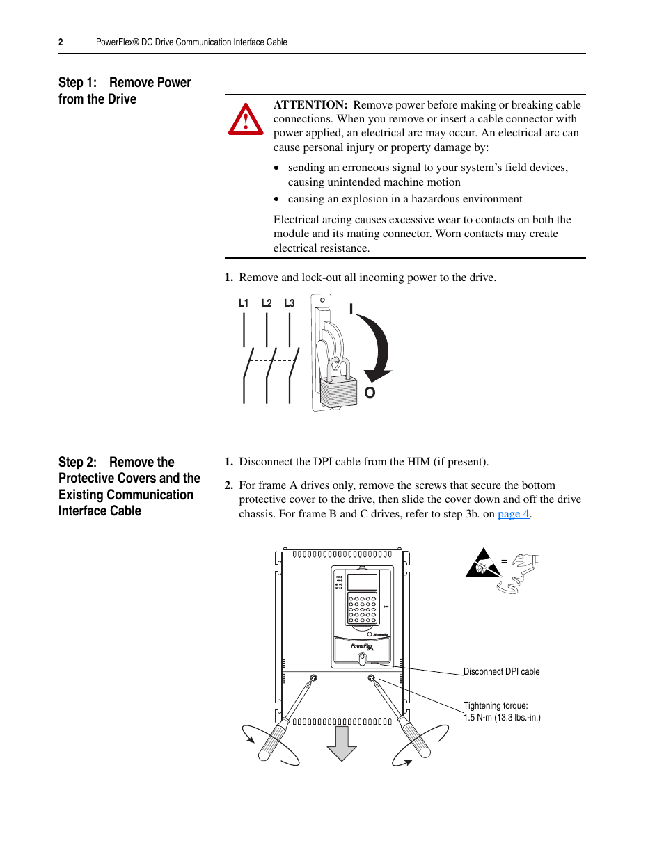 Step 1: remove power from the drive | Rockwell Automation 20P PowerFlex DC Drive Communication Interface Cable User Manual | Page 2 / 6