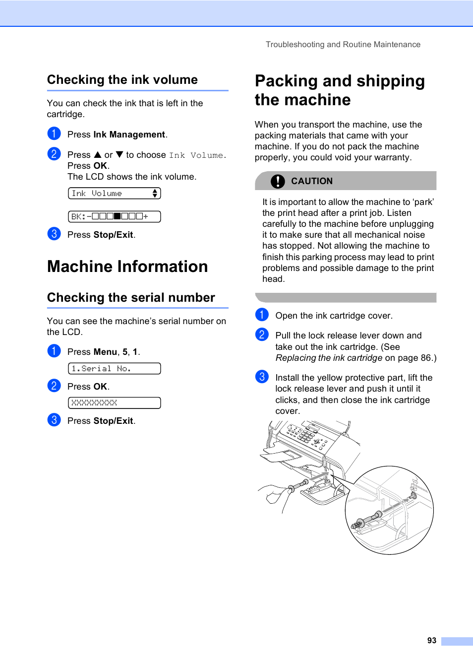 Checking the ink volume, Machine information, Checking the serial number | Packing and shipping the machine | Brother FAX-1355 User Manual | Page 103 / 127