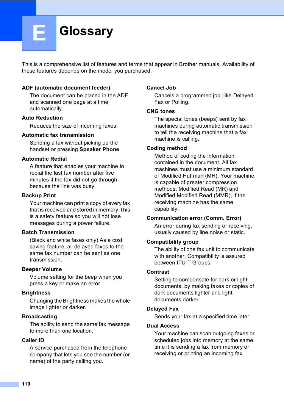 E glossary, Glossary | Brother FAX-1355 User Manual | Page 120 / 127