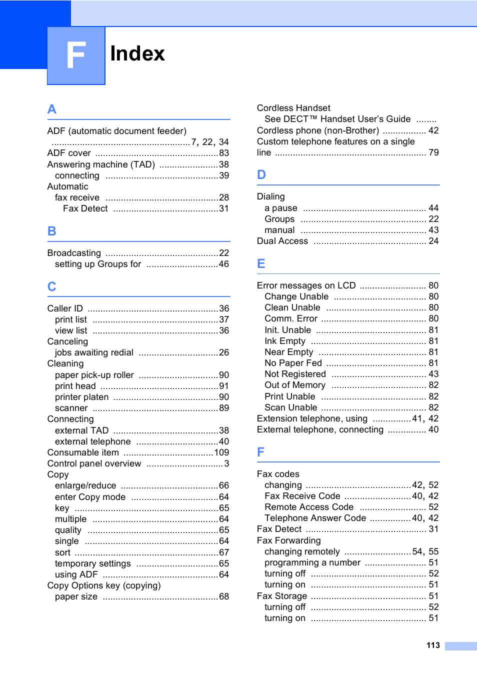 F index, Index | Brother FAX-1355 User Manual | Page 123 / 127