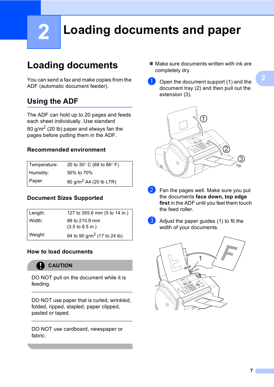 2 loading documents and paper, Loading documents, Using the adf | Recommended environment, Document sizes supported, How to load documents, Loading documents and paper | Brother FAX-1355 User Manual | Page 17 / 127