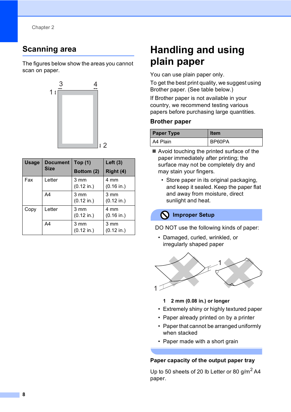 Scanning area, Handling and using plain paper | Brother FAX-1355 User Manual | Page 18 / 127