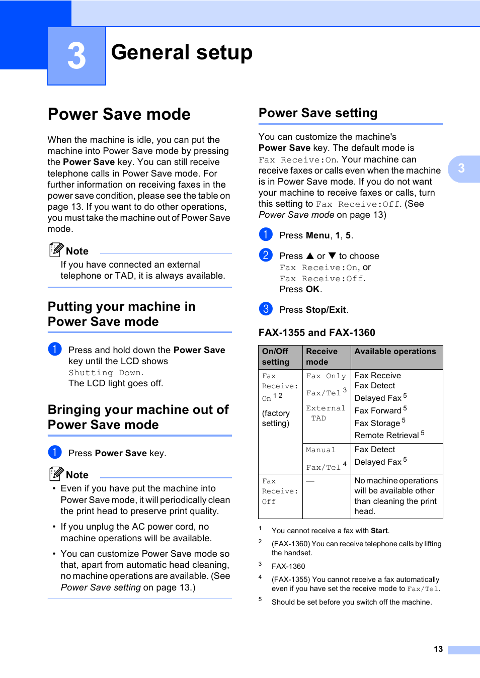 3 general setup, Power save mode, Putting your machine in power save mode | Bringing your machine out of power save mode, Power save setting, General setup | Brother FAX-1355 User Manual | Page 23 / 127
