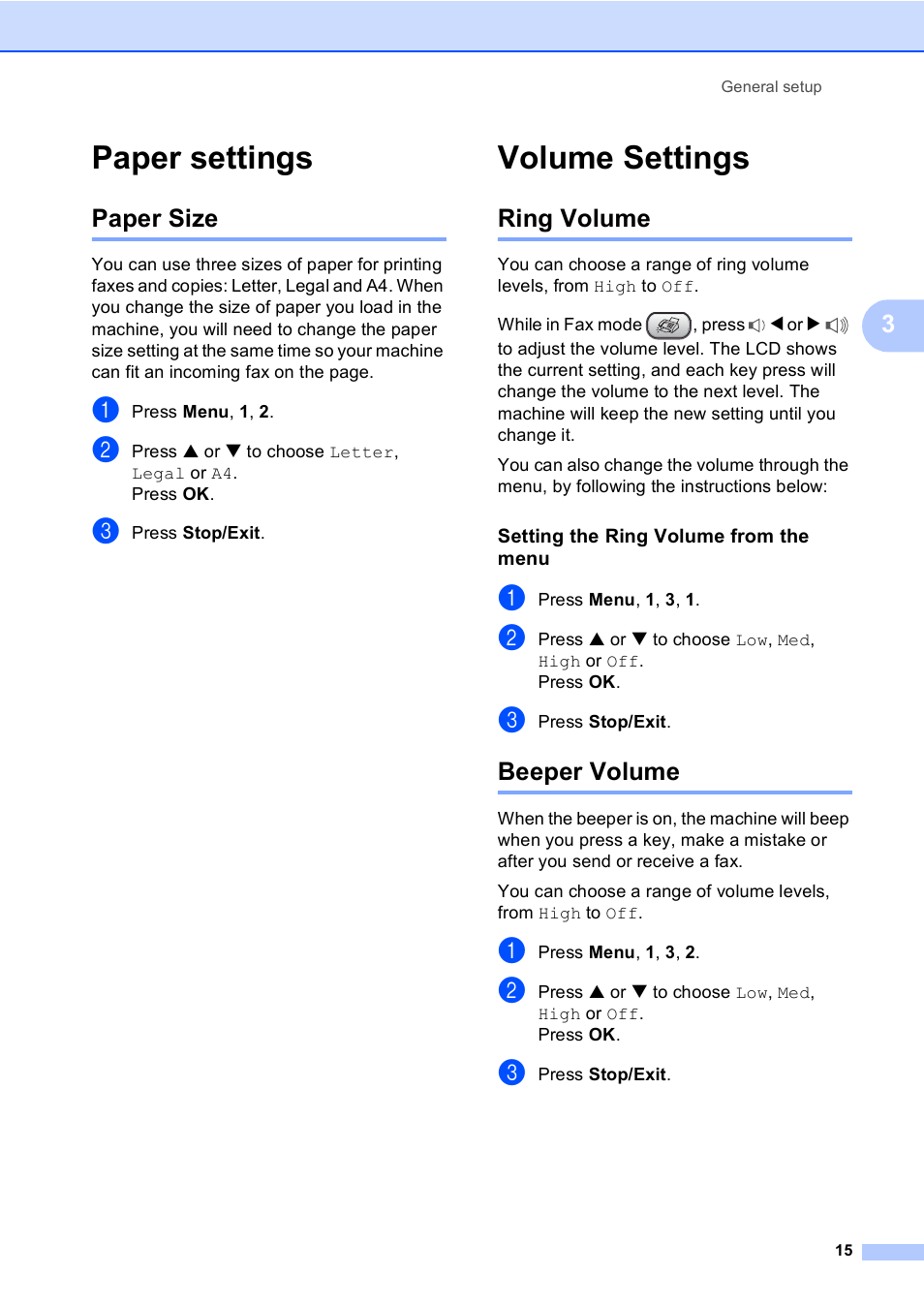 Paper settings, Paper size, Volume settings | Ring volume, Setting the ring volume from the menu, Beeper volume, Ring volume beeper volume | Brother FAX-1355 User Manual | Page 25 / 127