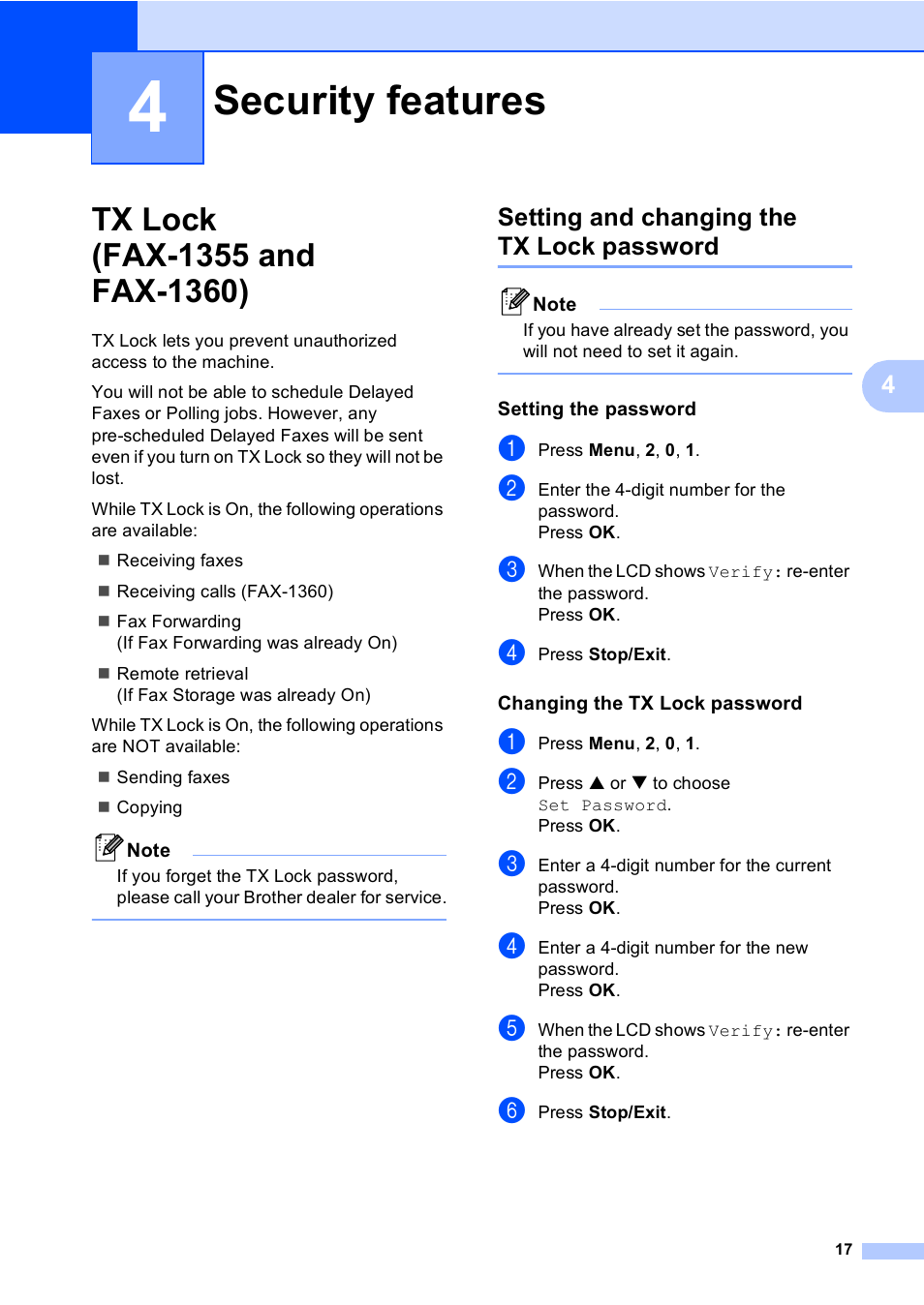 4 security features, Tx lock (fax-1355 and fax-1360), Setting and changing the tx lock password | Setting the password, Changing the tx lock password, Security features | Brother FAX-1355 User Manual | Page 27 / 127