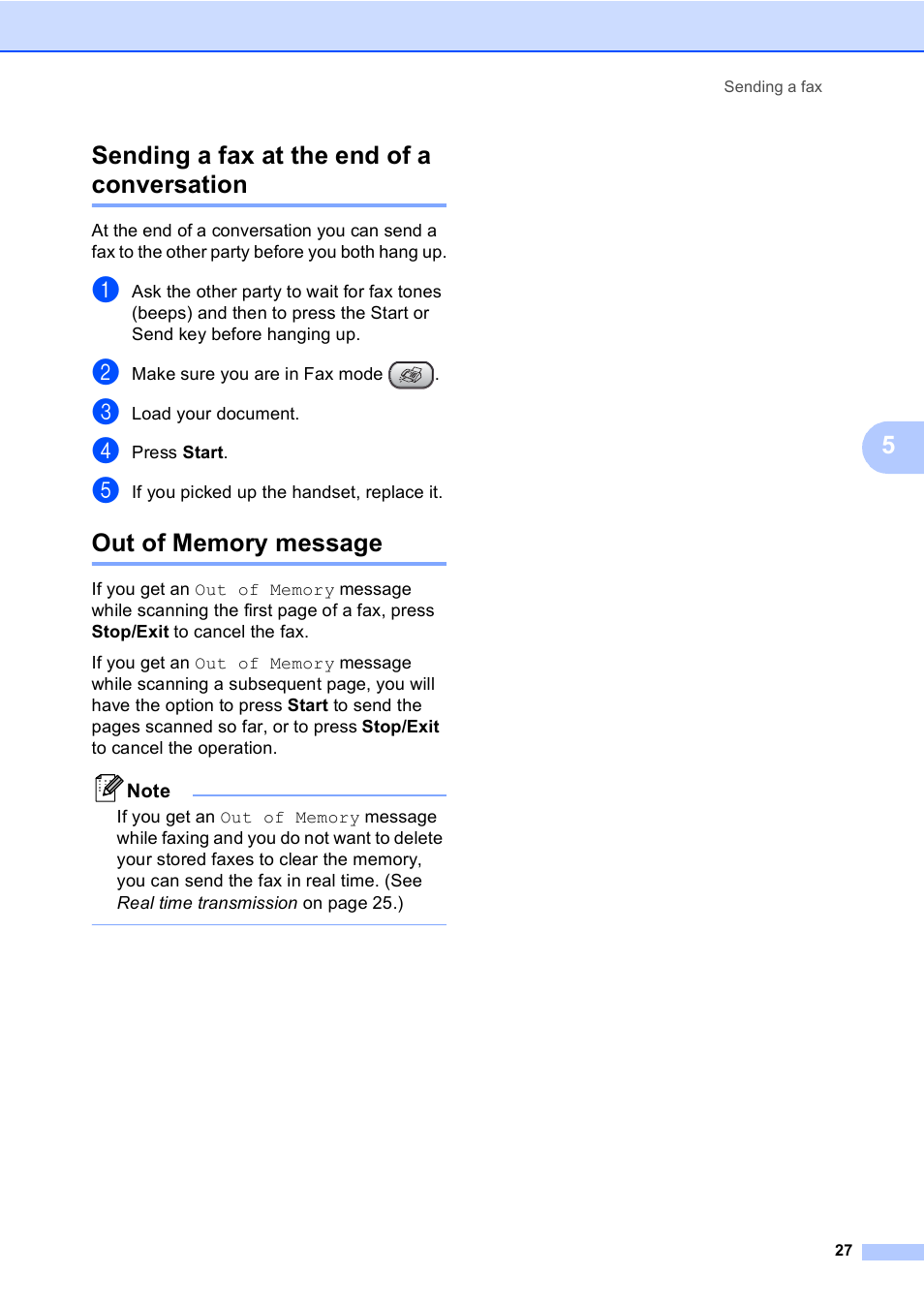 Sending a fax at the end of a conversation, Out of memory message, 5sending a fax at the end of a conversation | Brother FAX-1355 User Manual | Page 37 / 127