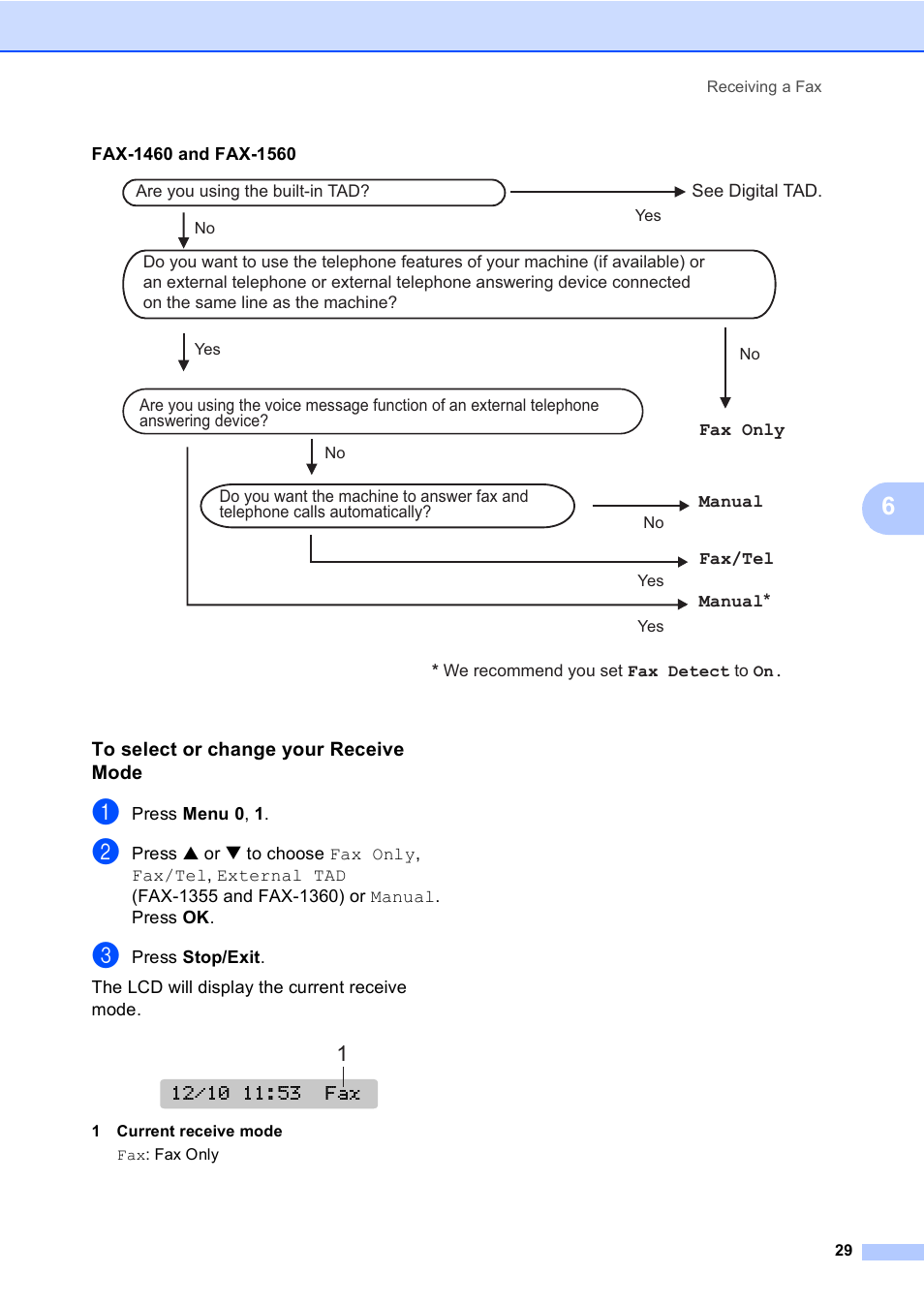 To select or change your receive mode | Brother FAX-1355 User Manual | Page 39 / 127