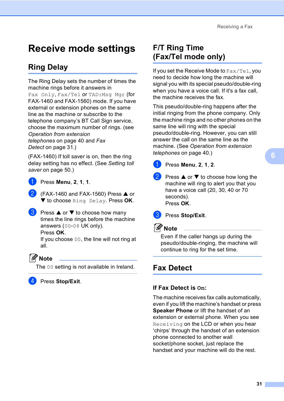 Receive mode settings, Ring delay, F/t ring time (fax/tel mode only) | Fax detect, If fax detect is on | Brother FAX-1355 User Manual | Page 41 / 127