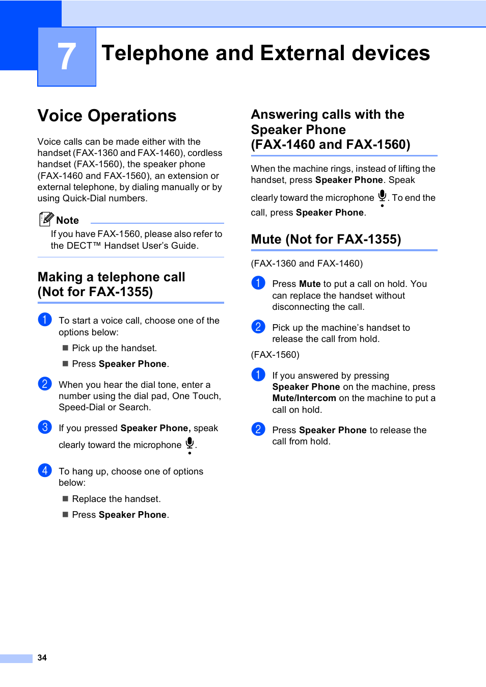 7 telephone and external devices, Voice operations, Making a telephone call (not for fax-1355) | Mute (not for fax-1355), Telephone and external devices | Brother FAX-1355 User Manual | Page 44 / 127