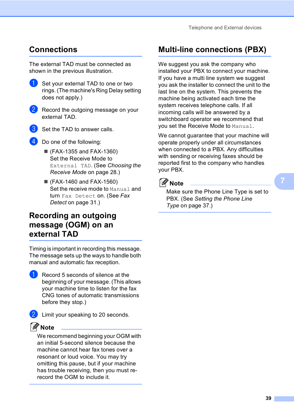 Connections, Multi-line connections (pbx), 7connections | Brother FAX-1355 User Manual | Page 49 / 127