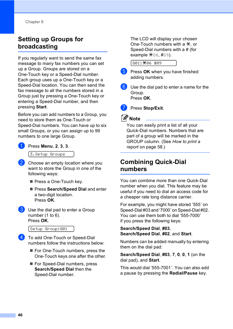 Setting up groups for broadcasting, Combining quick-dial numbers | Brother FAX-1355 User Manual | Page 56 / 127