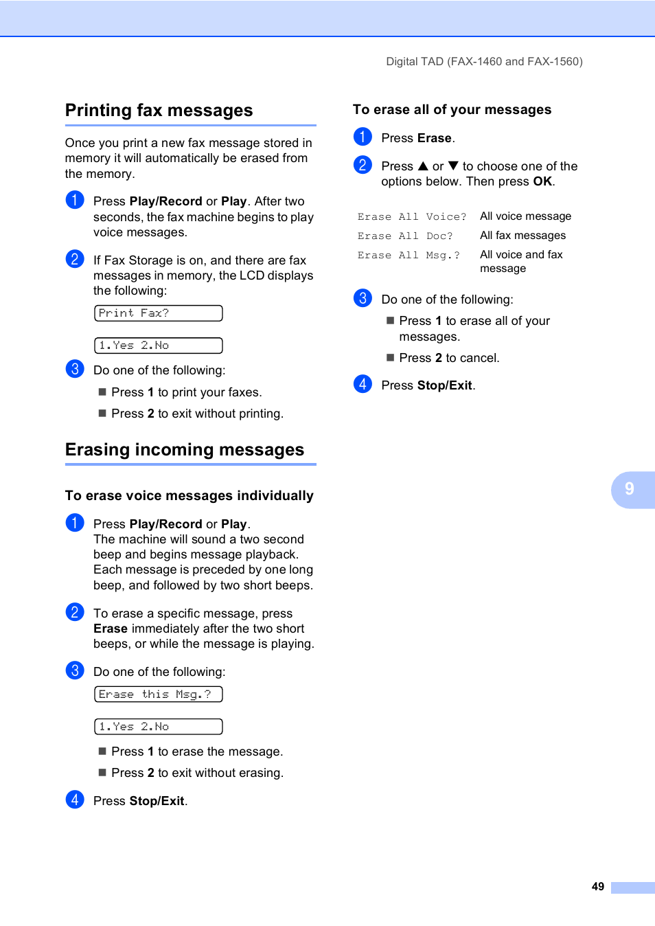 Printing fax messages, Erasing incoming messages, To erase voice messages individually | To erase all of your messages, Printing fax messages erasing incoming messages, 9printing fax messages | Brother FAX-1355 User Manual | Page 59 / 127