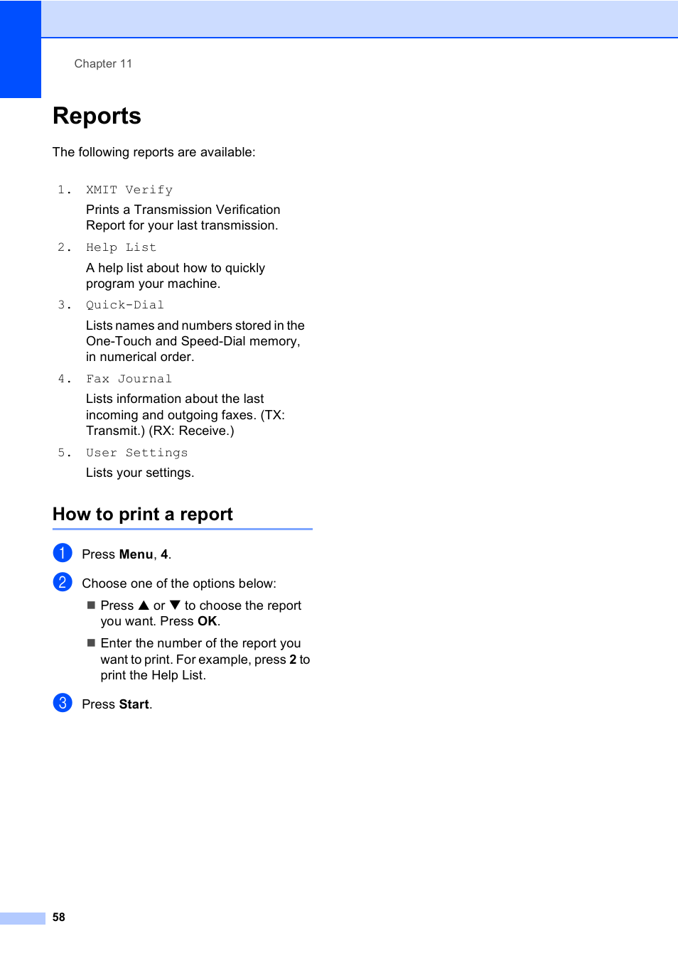 Reports, How to print a report | Brother FAX-1355 User Manual | Page 68 / 127