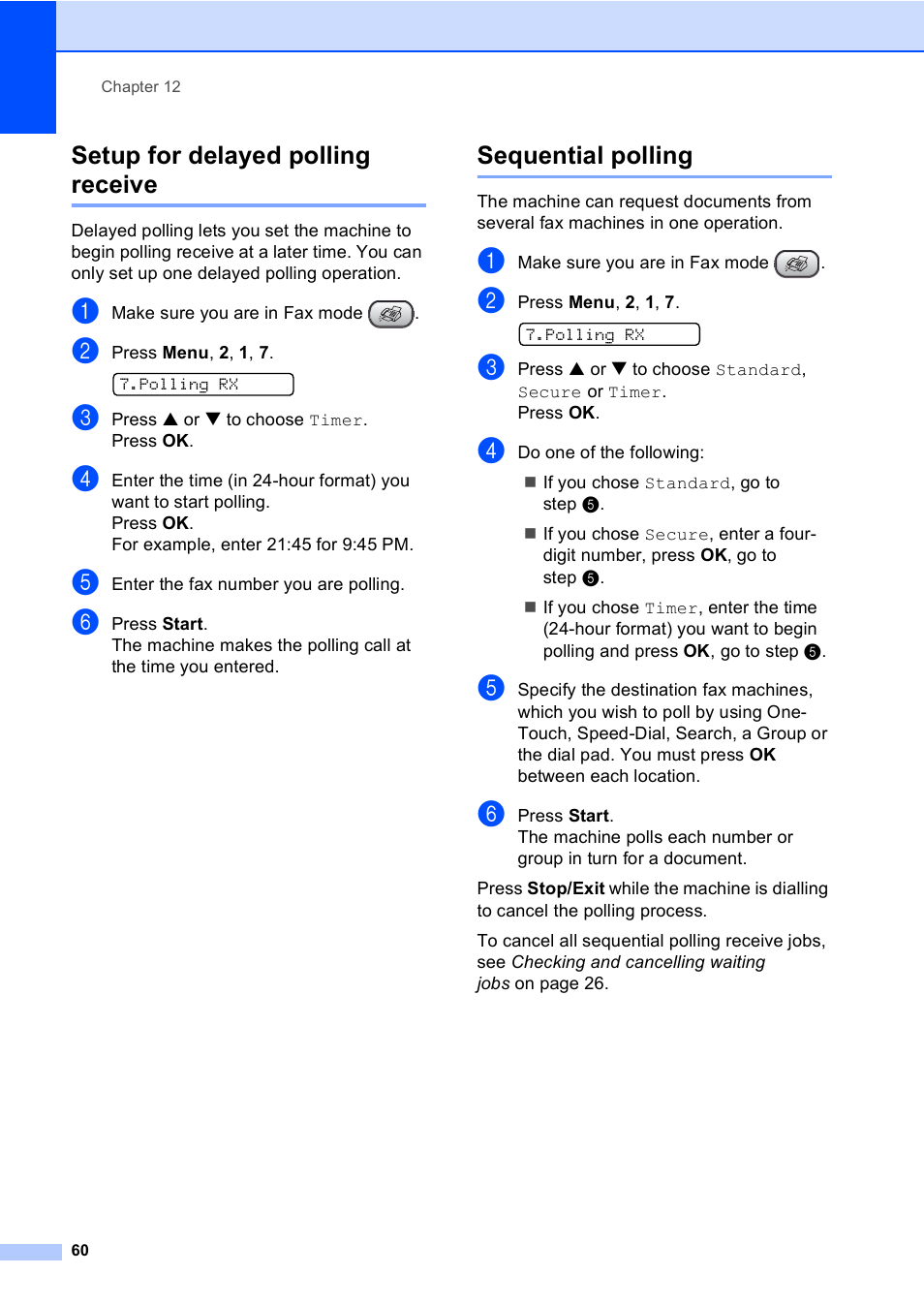 Setup for delayed polling receive, Sequential polling | Brother FAX-1355 User Manual | Page 70 / 127