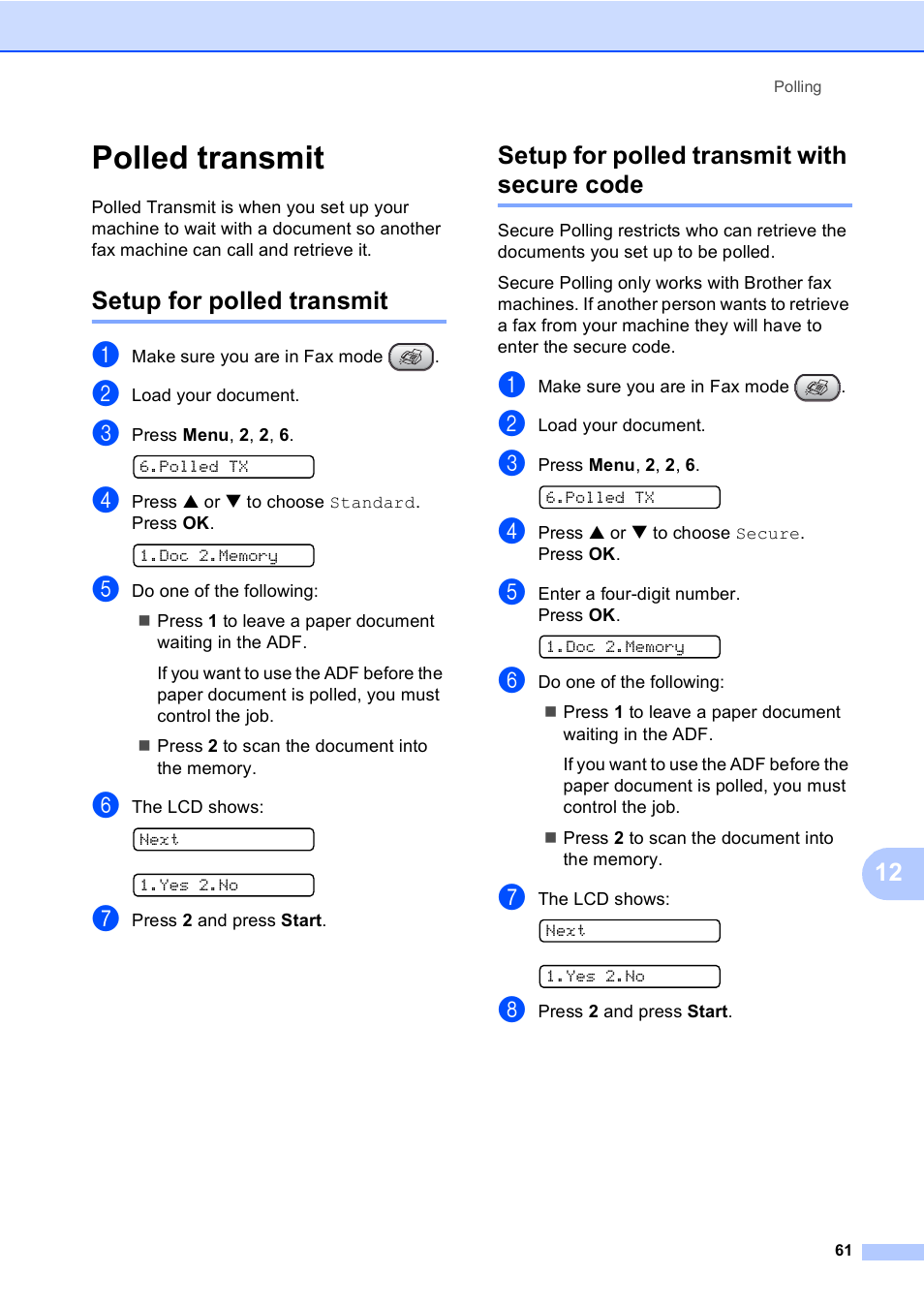 Polled transmit, Setup for polled transmit, Setup for polled transmit with secure code | Brother FAX-1355 User Manual | Page 71 / 127