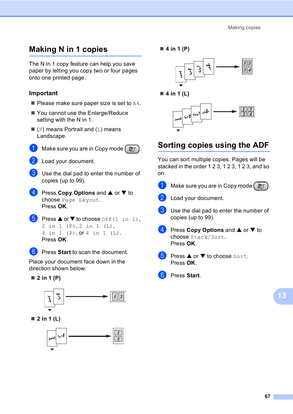 Making n in 1 copies, Important, Sorting copies using the adf | Making n in 1 copies sorting copies using the adf, 13 making n in 1 copies | Brother FAX-1355 User Manual | Page 77 / 127