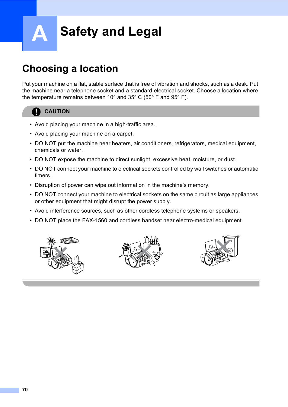 A safety and legal, Choosing a location, Safety and legal | Brother FAX-1355 User Manual | Page 80 / 127