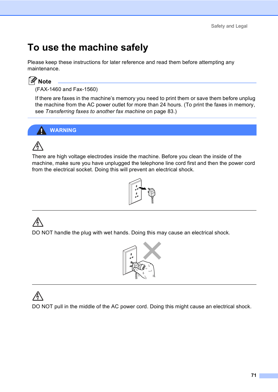 To use the machine safely, Warning, Safety and legal 71 | Brother FAX-1355 User Manual | Page 81 / 127