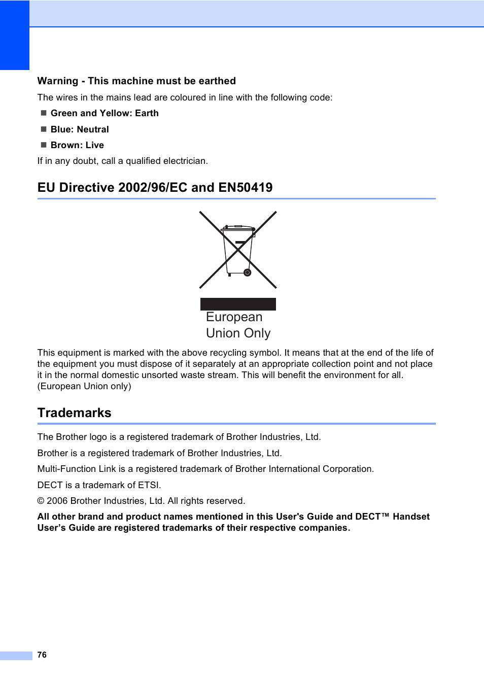 Warning - this machine must be earthed, Eu directive 2002/96/ec and en50419, Trademarks | Eu directive 2002/96/ec and en50419 trademarks, European union only | Brother FAX-1355 User Manual | Page 86 / 127